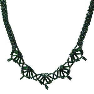 Handcrafted Green Seed Beaded Necklace Intricate Design Boho Fashion Jewelry